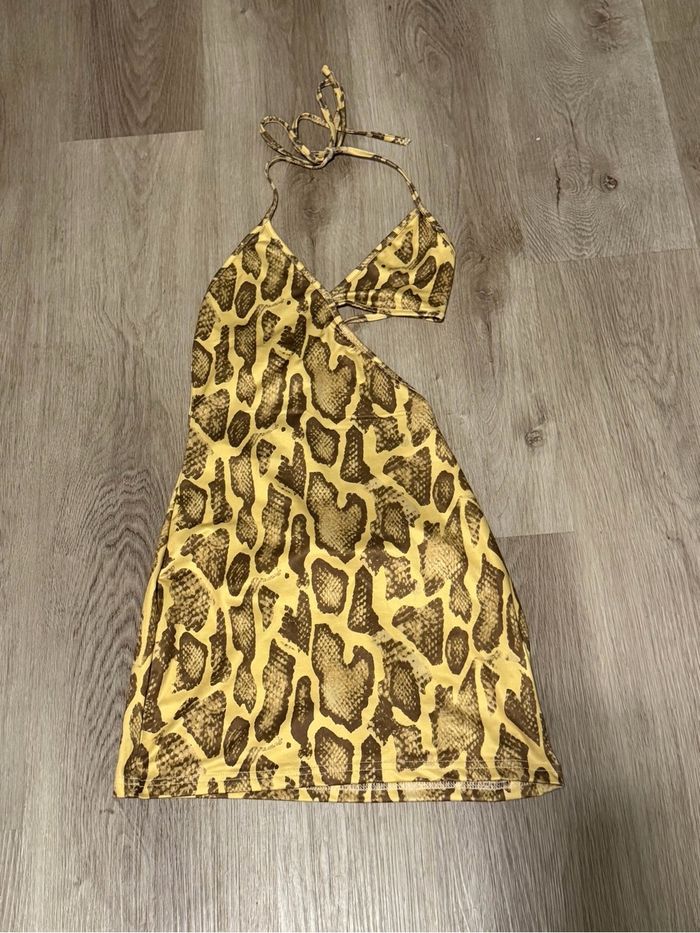 Ash Yellow and Brown Snake-Print Halter Dress